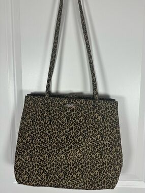 Nine West Leopard Print Tote Bag Shoulder Purse Snap Closure Black and Tan
